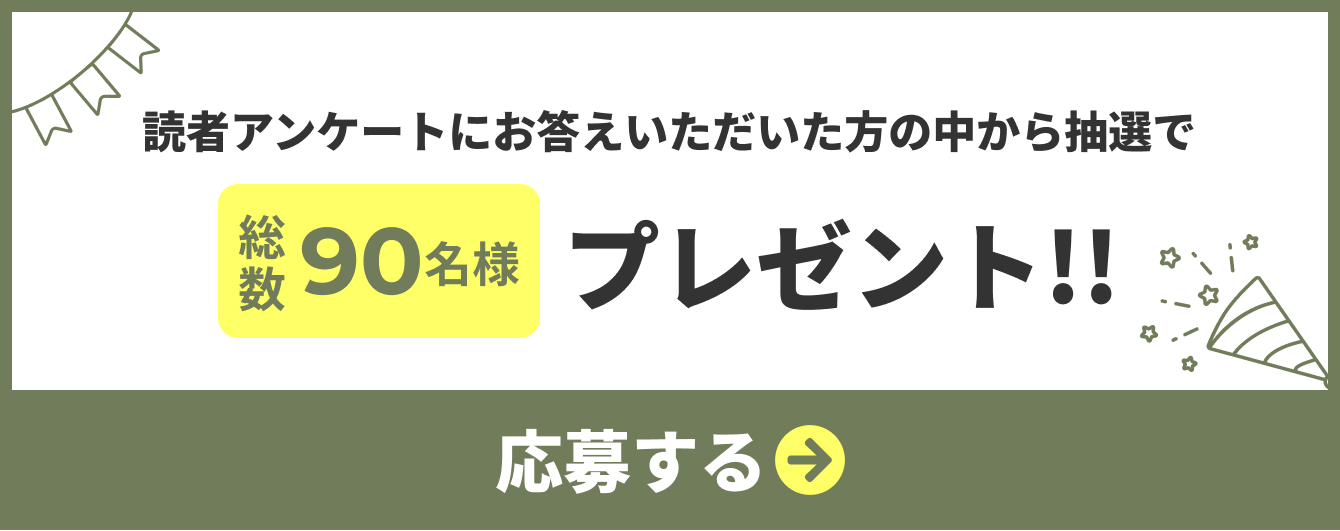 読者アンケートにお答えいただいた方の中から抽選で総数90名様プレゼント 応募ページへのリンクボタン