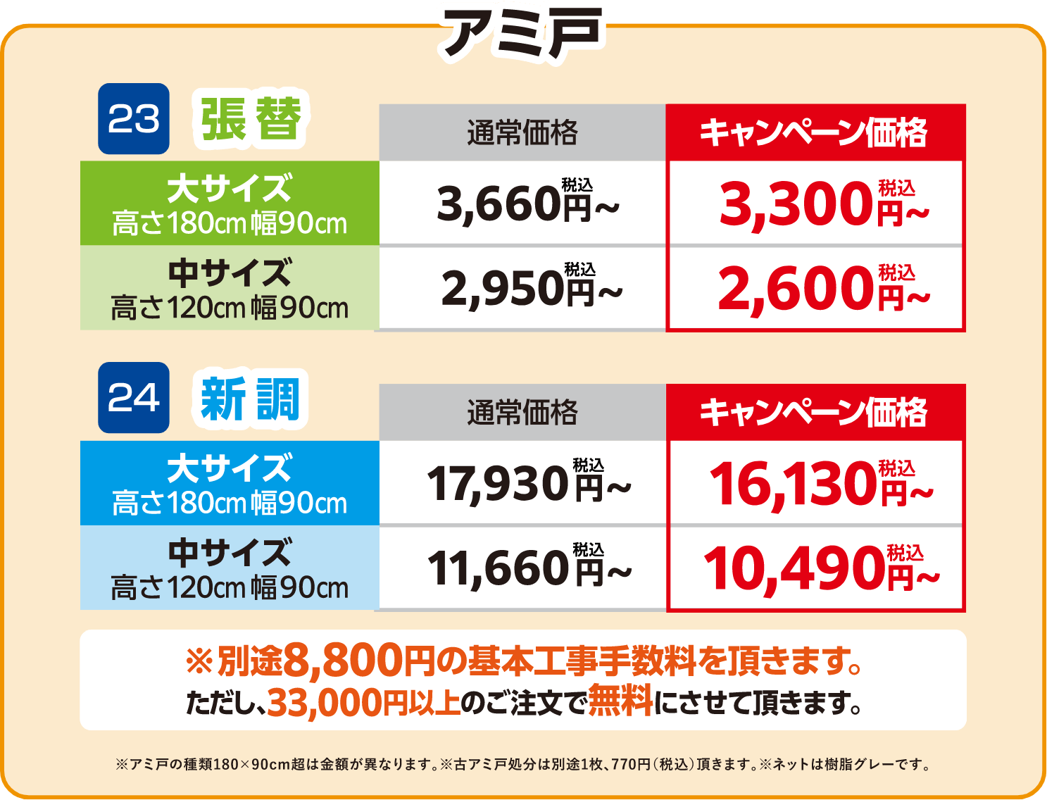 キャンペーン価格: 張替 大サイズ 3,300円～・中サイズ 2,600円～、新調 大サイズ 16,130円～・中サイズ 10,490円～