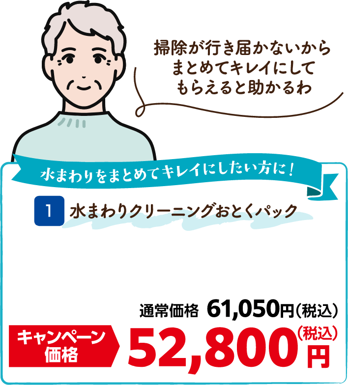 1 水まわりクリーニングおとくパック 通常価格:61,050円(税込)、キャンペーン価格:52,800円(税込)