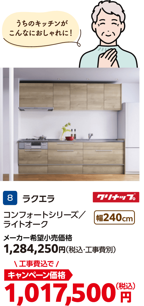 8 ラクエラ クリナップ メーカー希望小売価格：1,284,250円（税込・工事費別）、キャンペーン価格：1,017,500円（税込・工事費込）