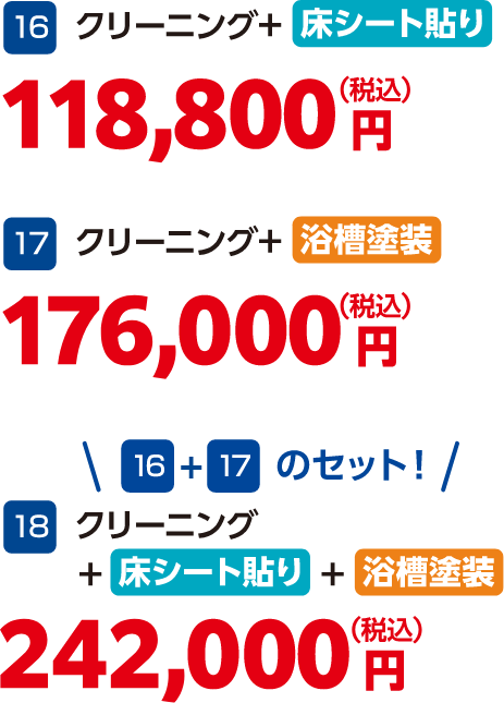 16 クリーニング＋床シート貼り 118,800円（税込）、17 クリーニング＋浴槽塗装 176,000円（税込）、18 クリーニング＋床シート貼り＋浴槽塗装 242,000円（税込）