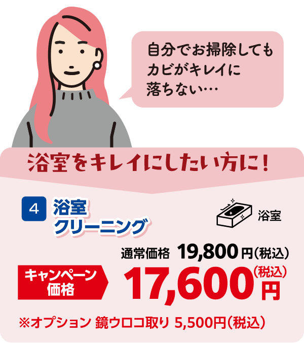4 浴室クリーニング 通常価格:19,800円(税込)、キャンペーン価格:17,600円(税込) ※オプション:鏡ウロコ取り:5,500円(税込)