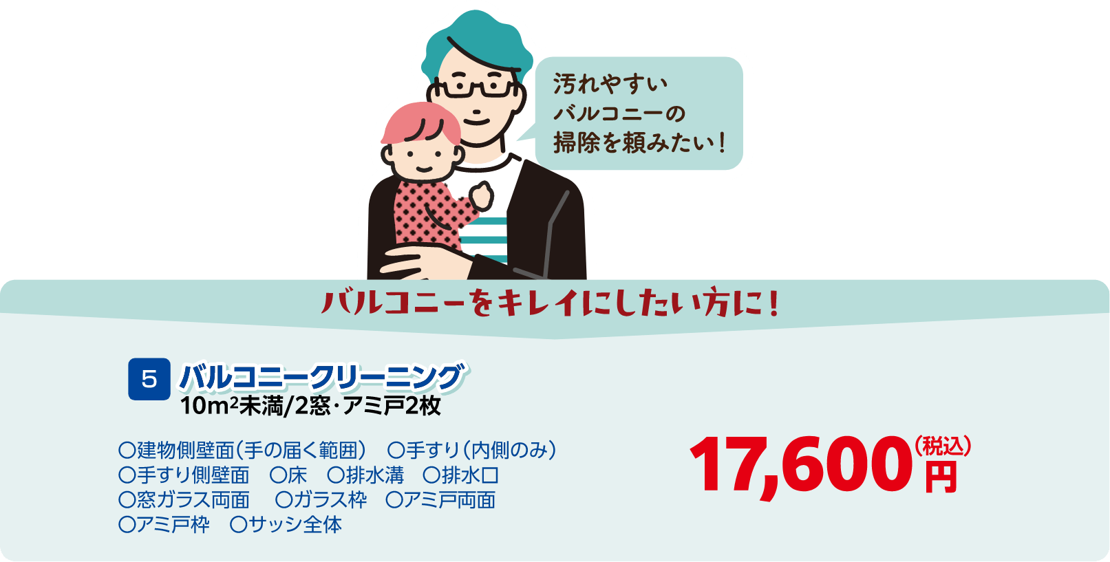 5 バルコニークリーニング 10㎡未満/2窓・アミ戸2枚 建物側壁面(手の届く範囲)・手すり(内側のみ)・手すり側壁面・床・排水溝・排水口・窓ガラス両面・ガラス枠・アミ戸両面・アミ戸枠・サッシ全体 17,600円(税込)