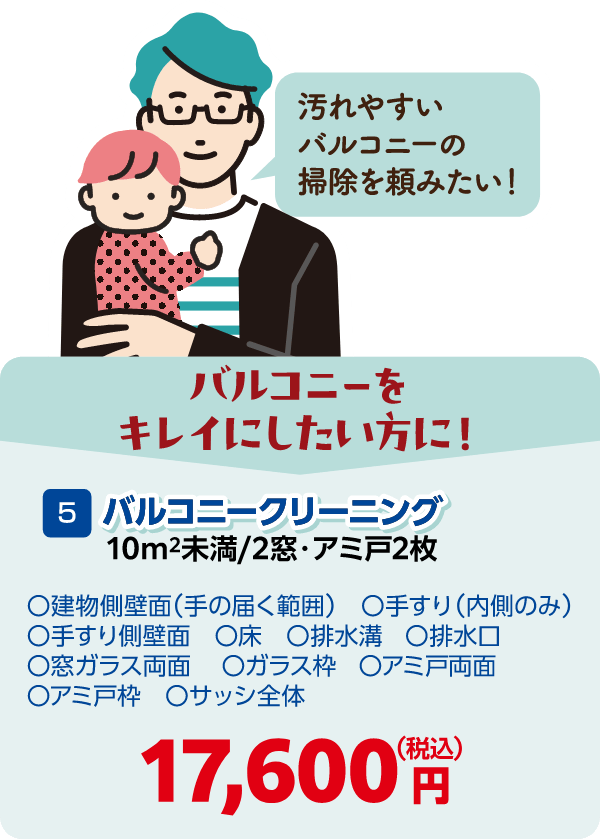 5 バルコニークリーニング 10㎡未満/2窓・アミ戸2枚 建物側壁面(手の届く範囲)・手すり(内側のみ)・手すり側壁面・床・排水溝・排水口・窓ガラス両面・ガラス枠・アミ戸両面・アミ戸枠・サッシ全体 17,600円(税込)