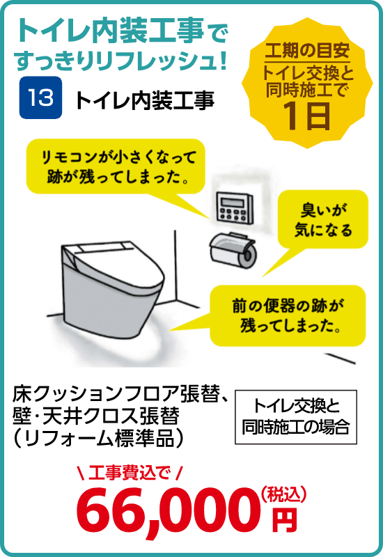 13 トイレ内装工事 床クッションフロア張替、壁・天井クロス張替(リフォーム標準品) 66,000円(税込・工事費込)