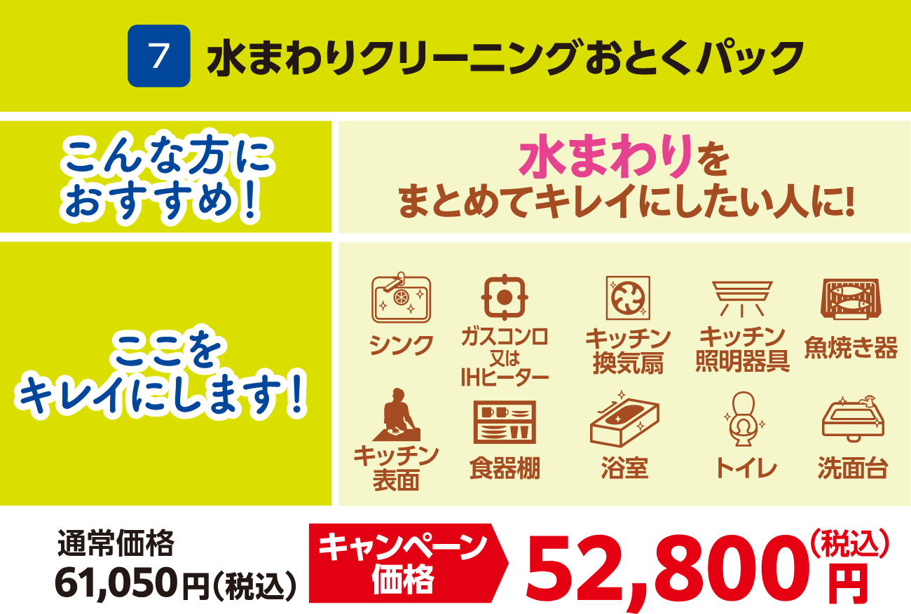 7 水まわりクリーニングおとくパック 通常価格：61,050円（税込）、キャンペーン価格：52,800円（税込）