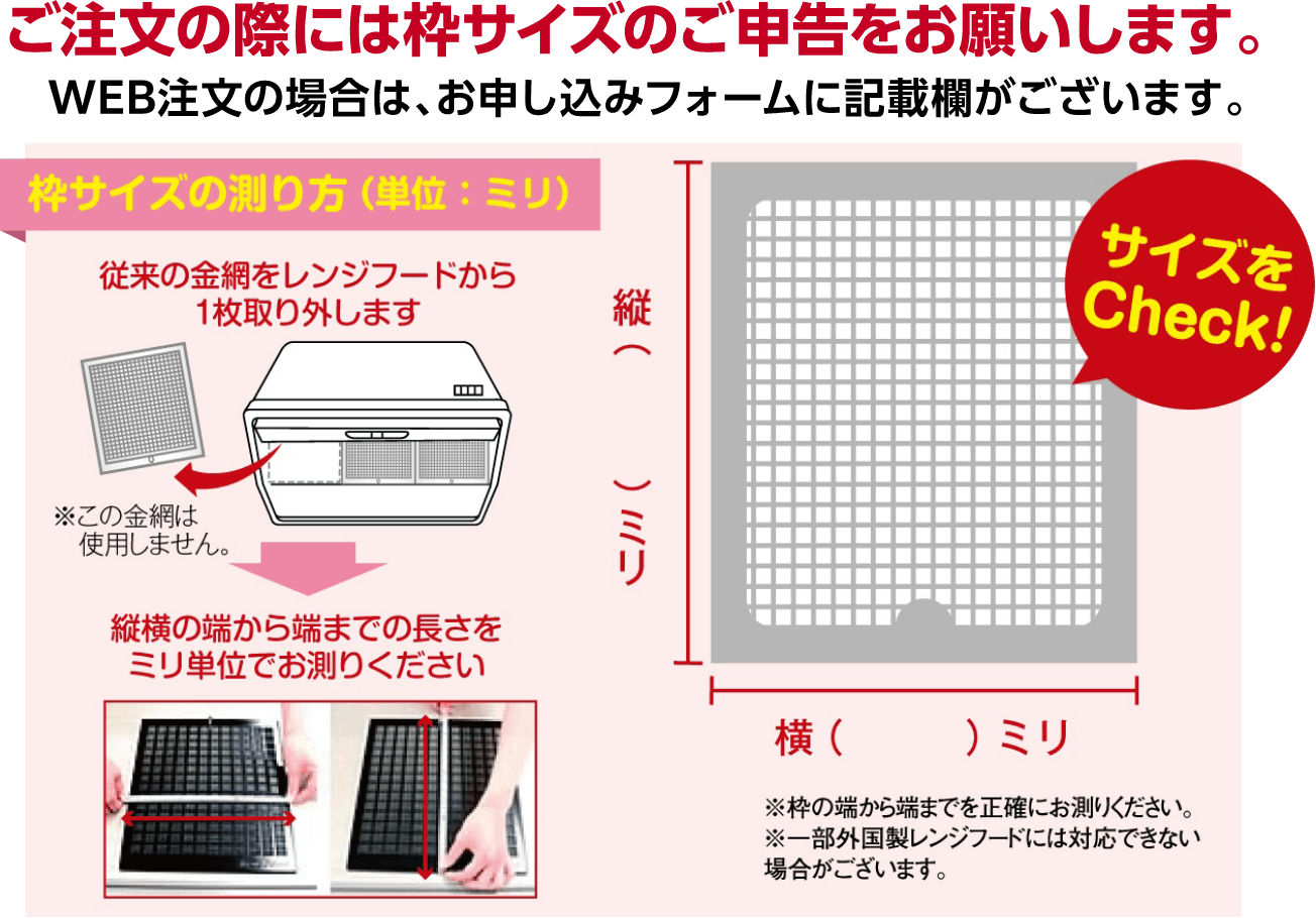 ご注文の際には枠サイズのご申告をお願いします。WEB注文の場合は、お申し込みフォームに記載欄がございます。