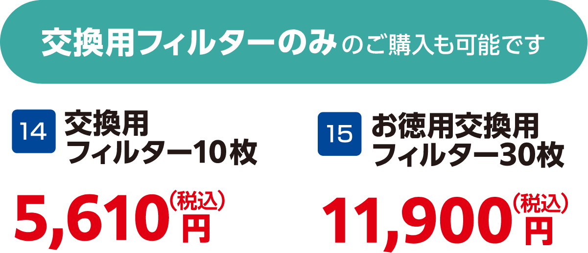 交換用フィルターのみのご購入も可能です 14 交換用フィルター10枚 5,610円（税込）、15 お徳用交換用フィルター30枚 11,900円（税込）