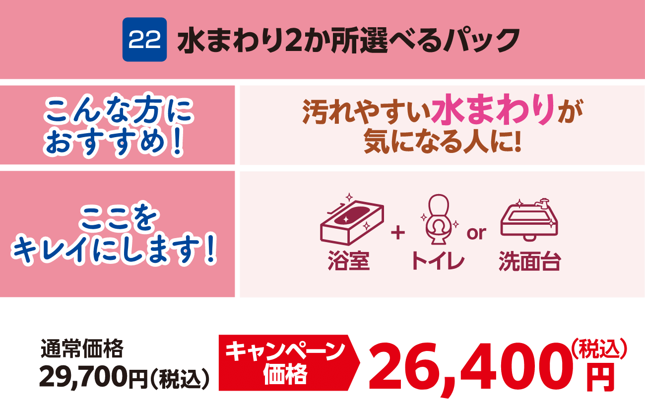 22水まわり2か所選べるパック 通常価格：29,700円（税込）、キャンペーン価格：26,400円（税込）