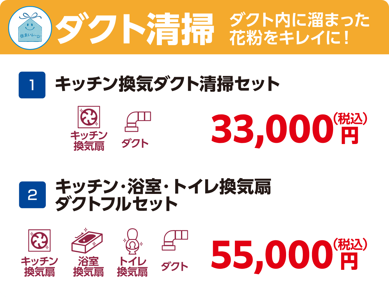 ダクト清掃 1キッチン換気ダクト清掃セット：33,000円（税込）、2キッチン・浴室・トイレ換気扇・ダクトフルセット：55,000円（税込）