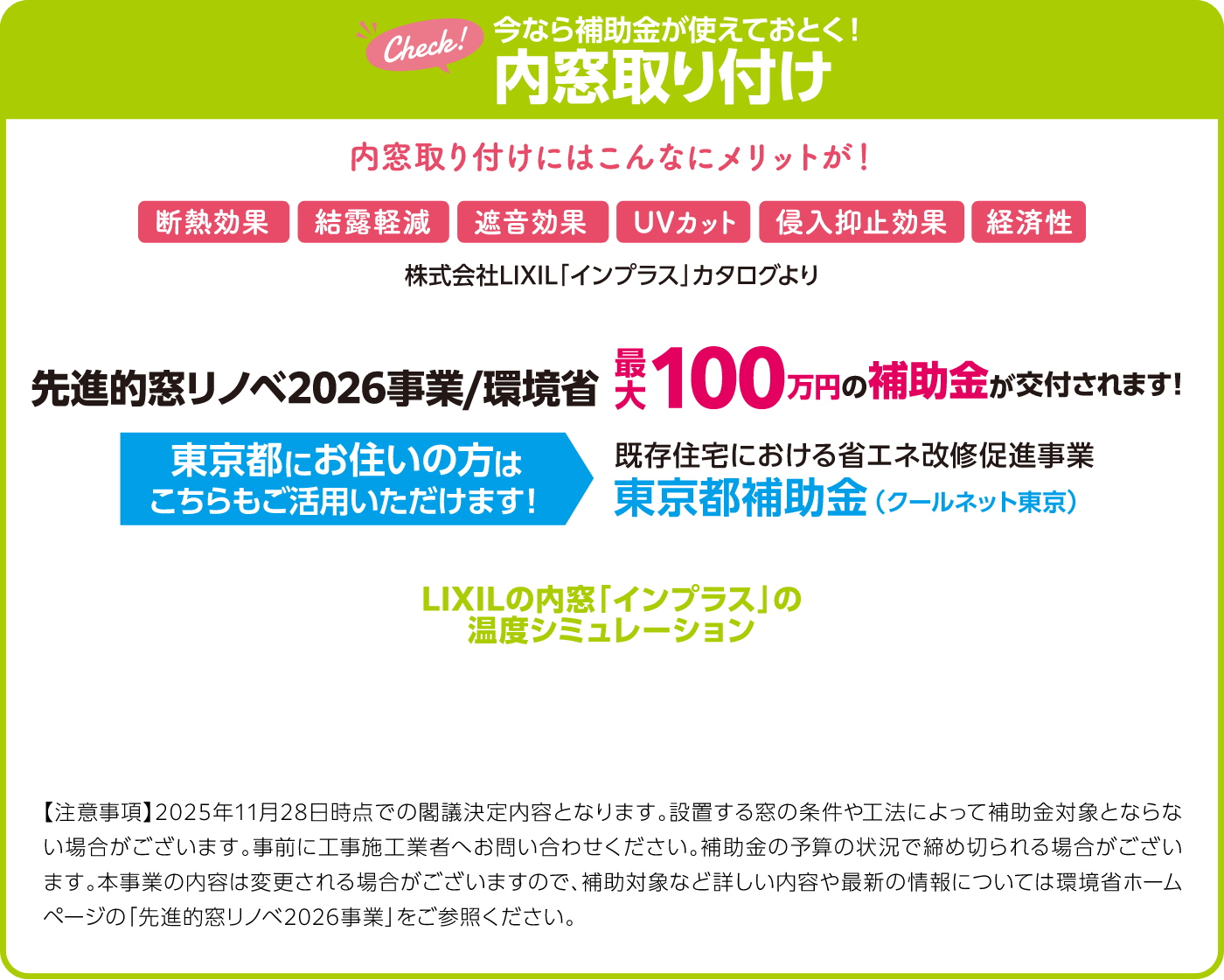 今なら補助金が使えておとく！内窓取り付け 内窓取り付けにはこんなにメリットが！断熱効果・結露軽減・遮音効果・UVカット・侵入抑止効果・経済性 先進的窓リノベ2026事業/環境省・最大100万円の補助金が交付されます！ 東京都にお住いの方はこちらもご活用いただけます！・既存住宅における省エネ改修促進事業・東京都補助金（クールネット東京） 【注意事項】2025年11月28日時点での閣議決定内容となります。設置する窓の条件や工法によって補助金対象とならない場合がございます。事前に工事施工業者へお問い合わせください。補助金の予算の状況で締め切られる場合がございます。本事業の内容は変更される場合がございますので、補助対象など詳しい内容や最新の情報については環境省ホームページの「先進的窓リノベ2026事業」をご参照ください。