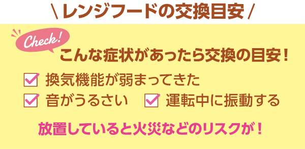 レンジフードの交換目安 こんな症状があったら交換の目安！ 換気機能が弱まってきた・音がうるさい・運転中に振動する