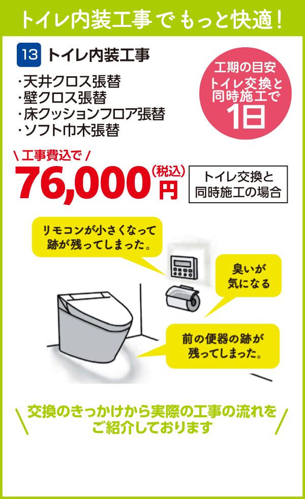 13 トイレ内装工事 76,000円（税込・工事費込） 工期の目安：トイレ交換と同時施工で1日