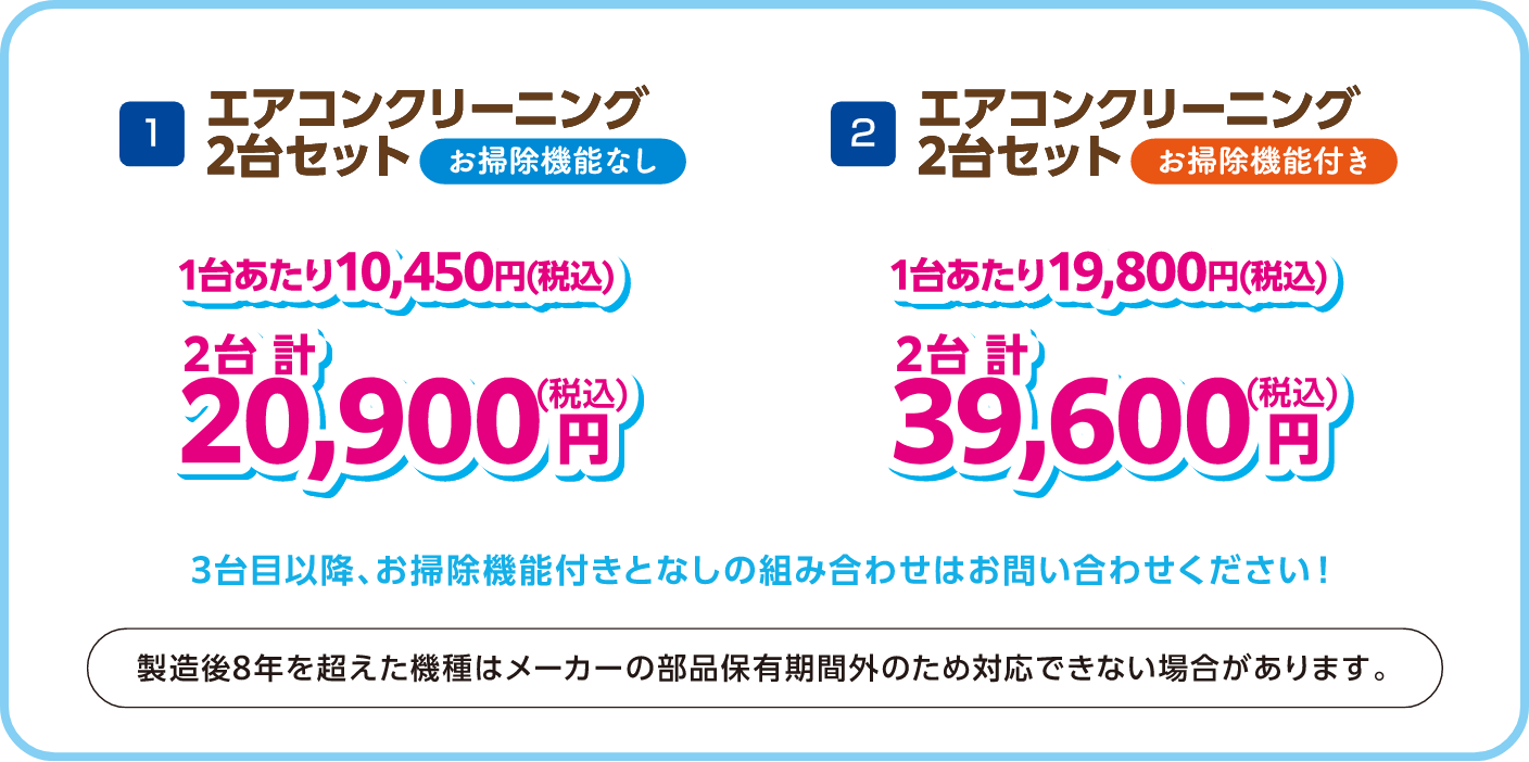 1 エアコンクリーニング2台セット お掃除機能なし 1台あたり10,450円（税込） 2台計20,900円（税込）、2 エアコンクリーニング2台セット お掃除機能付き 1台あたり19,800円（税込） 2台計39,600円（税込）、3台目以降お掃除機能付きとなしの組み合わせはお問い合わせください！製造後8年を超えた機種はメーカーの部品保有期間外のため対応できない場合があります。