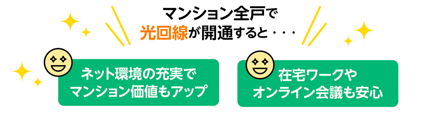 マンション全戸で光回線が開通すると、ネット環境の充実でマンション価値もアップ・在宅ワークやオンライン会議も安心