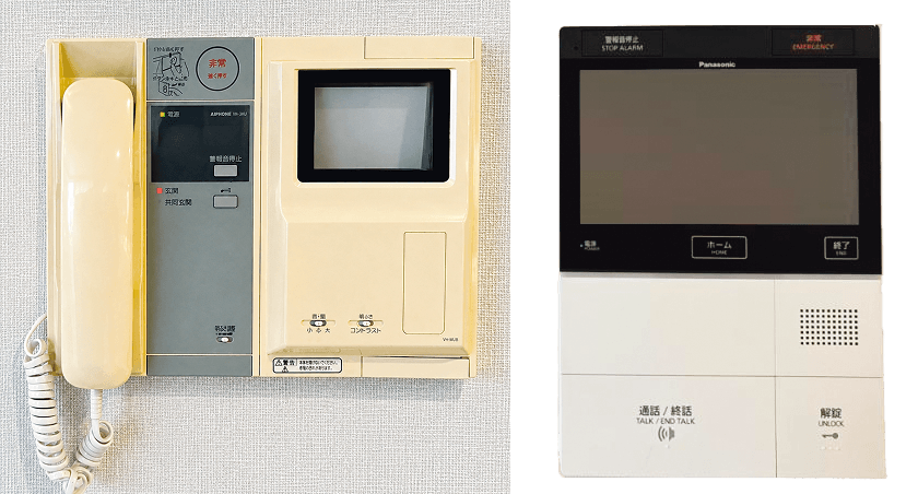 旧受話器と新しいインターフォンの比較写真