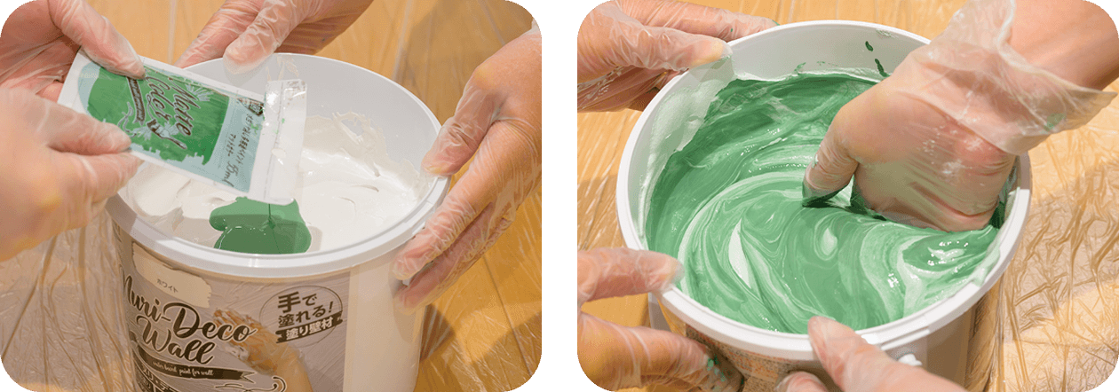 ベースのヌリ・デコ・ウォールホワイト色にマットカラーオリーブグリーン色を混ぜている様子