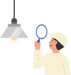 ライトを虫眼鏡でチェックする作業者のイラスト