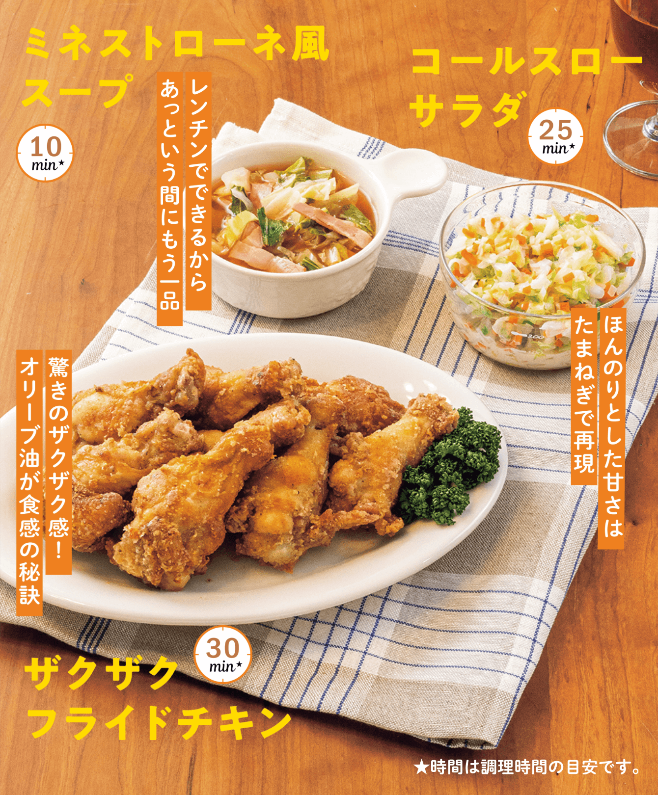 机に並ぶ献立で出来た3品の料理