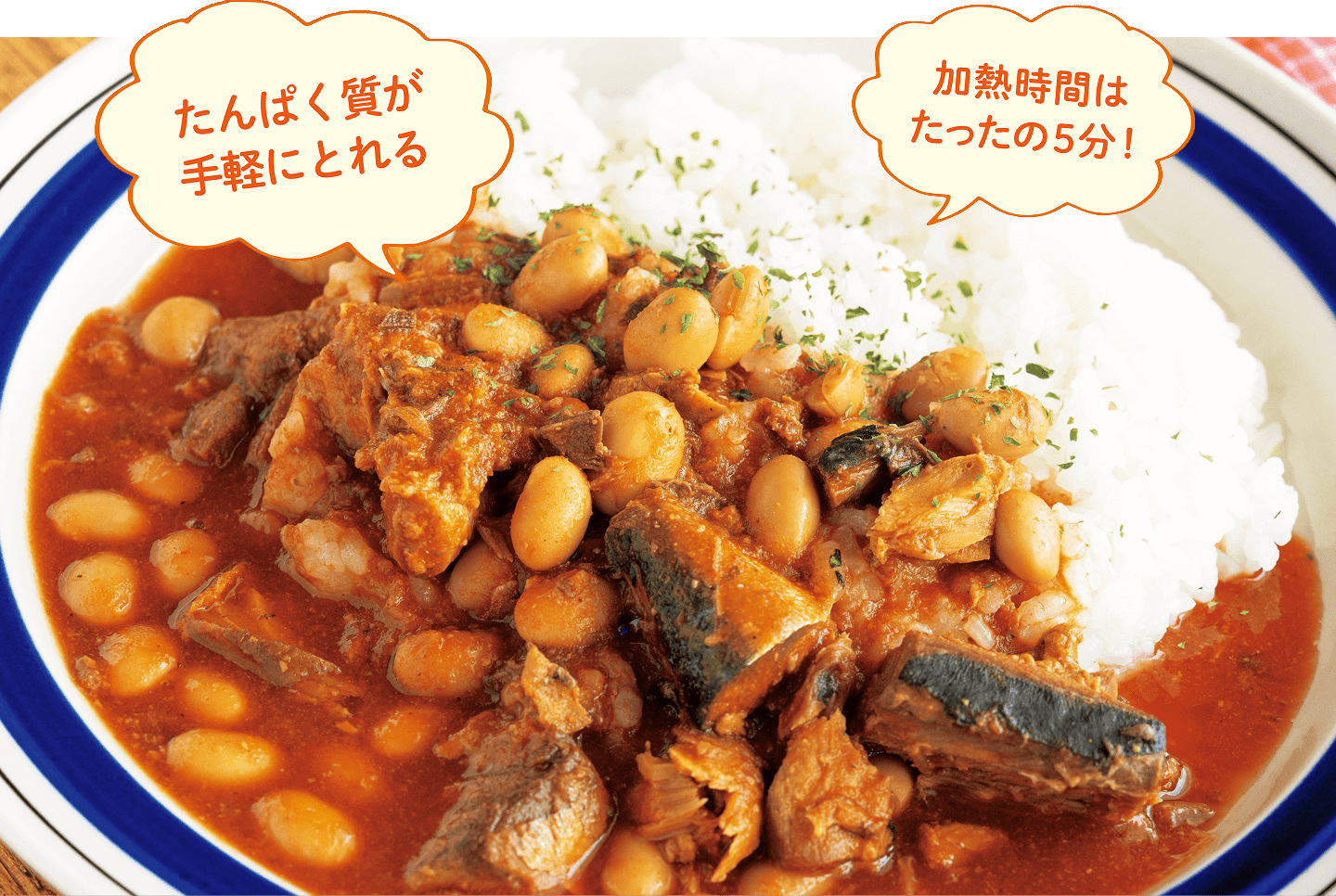 皿に盛りつけられた豆サバカレー たんぱく質が手軽にとれる・加熱時間はたったの5分！