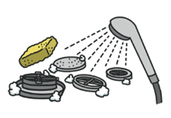 中性洗剤をつけて洗われる部品のイラスト