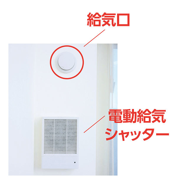 給気口と電動給気シャッターの写真