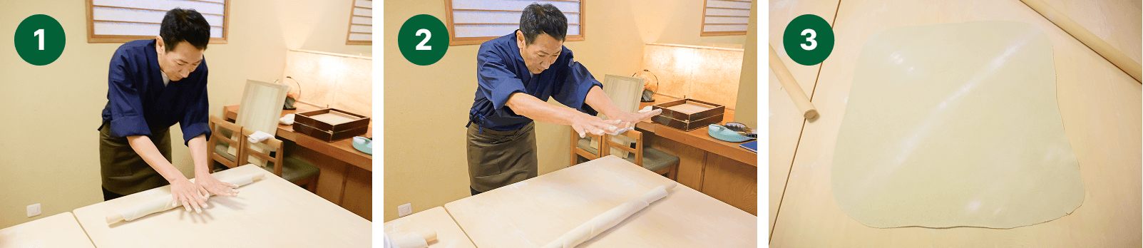 四つ出しをして生地を四角に整える様子