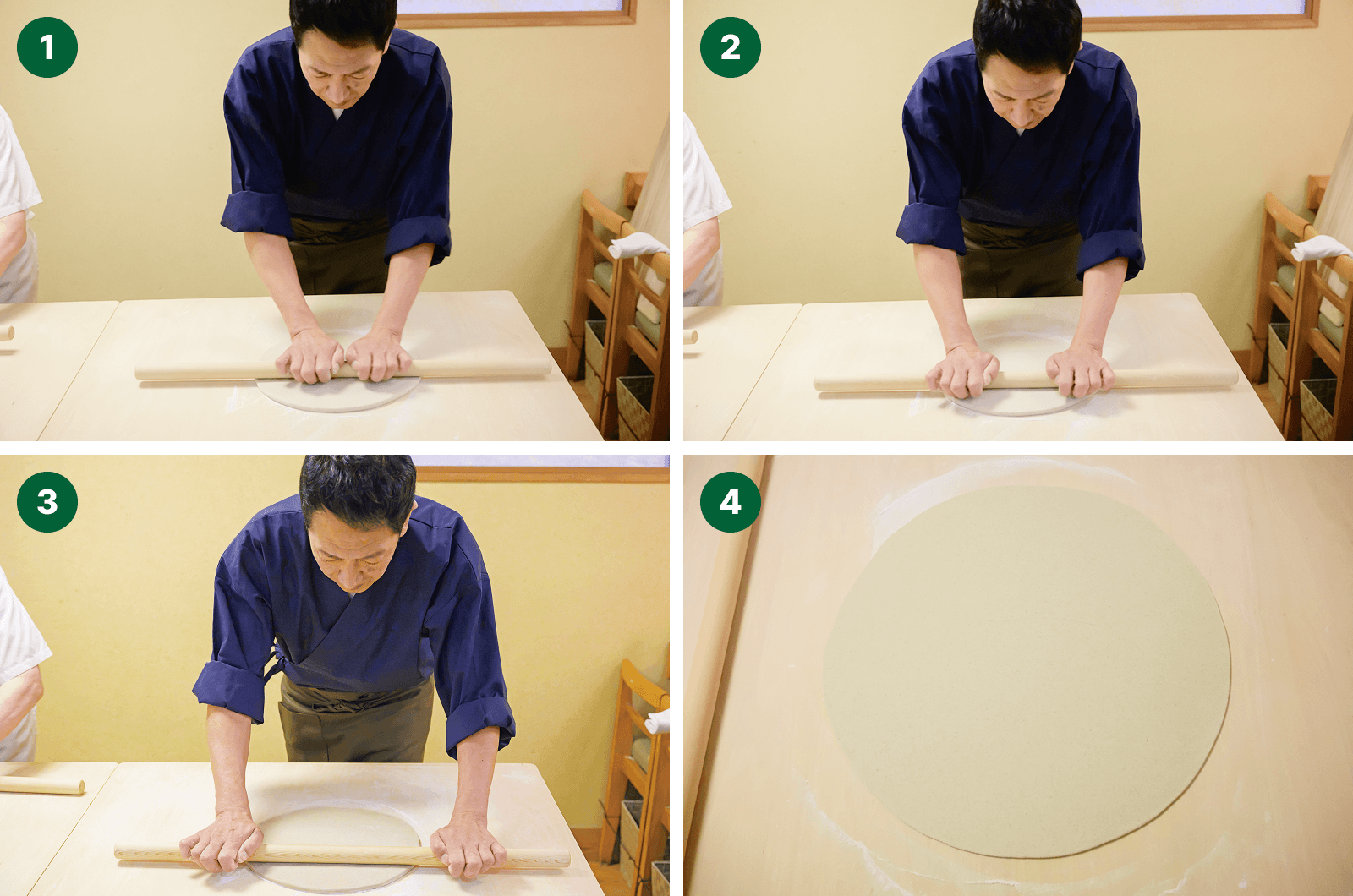 生地をのし棒で円状にのばす様子