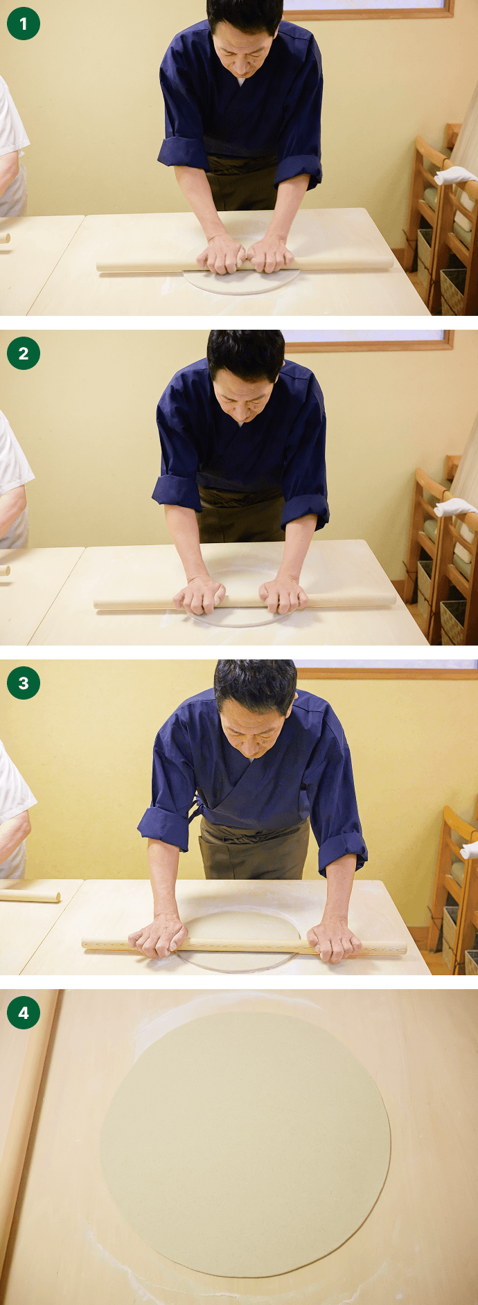 生地をのし棒で円状にのばす様子