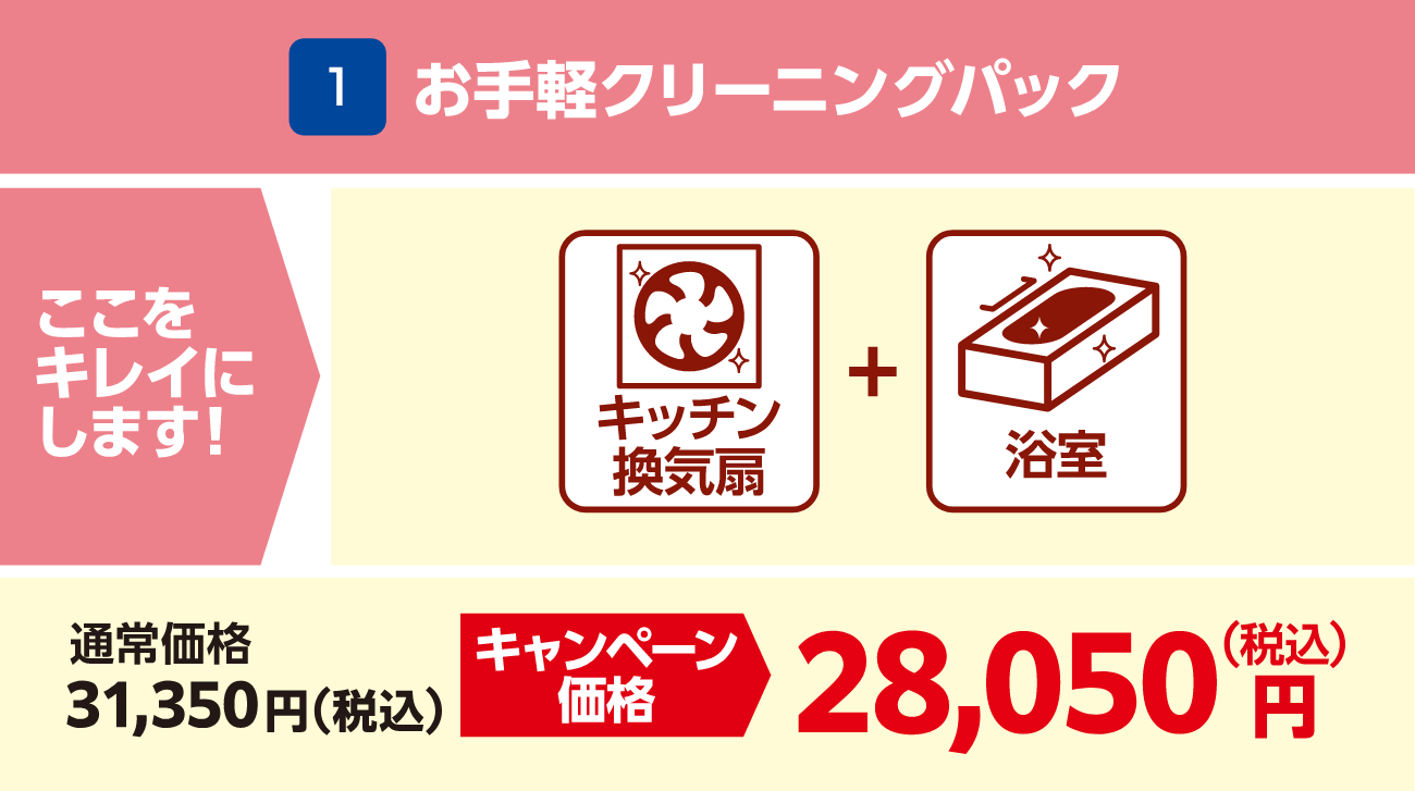 1 お手軽クリーニングパック 通常価格:31,350円(税込)、キャンペーン価格:28,050円(税込)