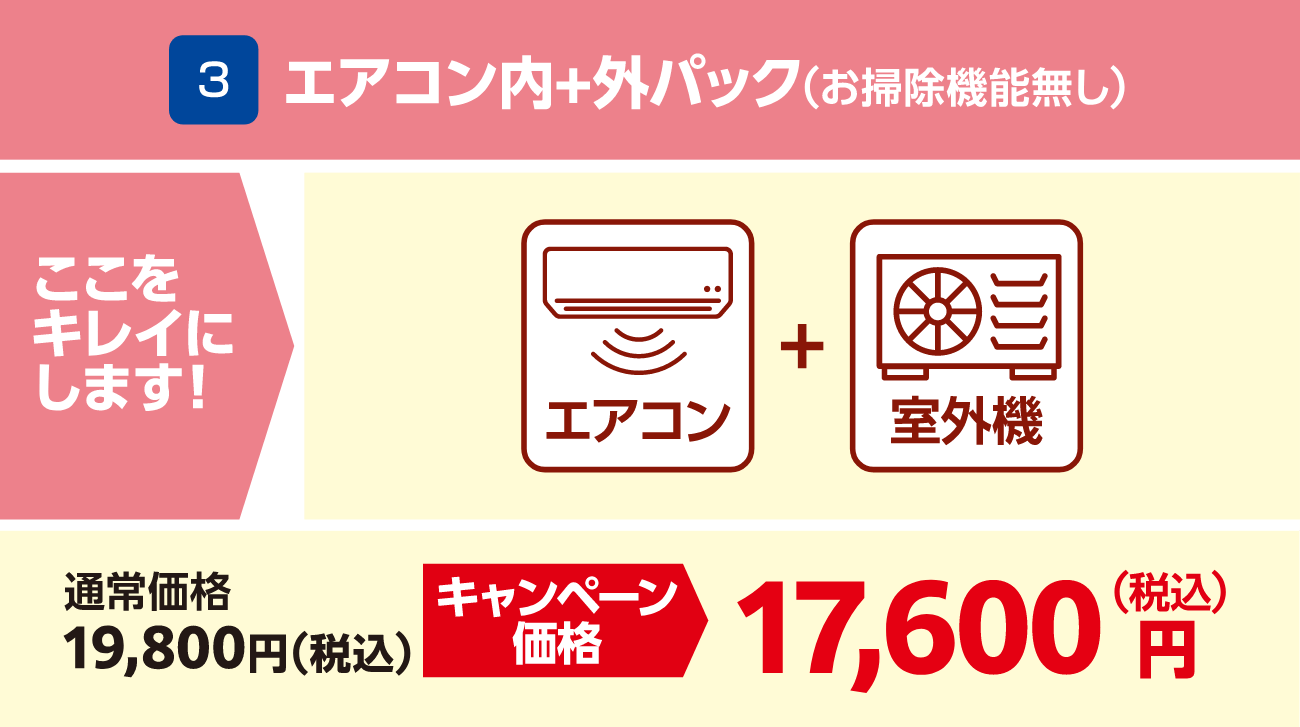 3 エアコン内+外パック(お掃除機能無し) 通常価格:19,800円(税込)、キャンペーン価格:17,600円(税込)