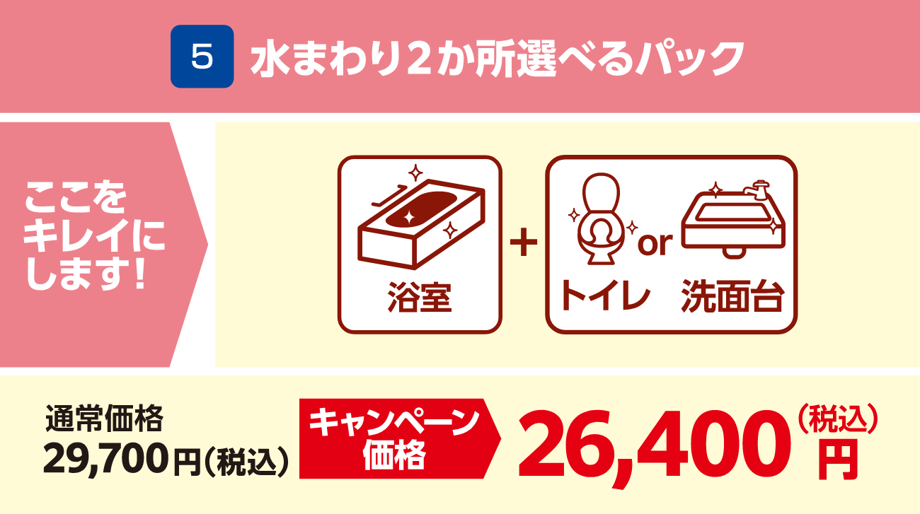 5 水まわり2か所選べるパック 通常価格:29,700円(税込)、キャンペーン価格:26,400円(税込)
