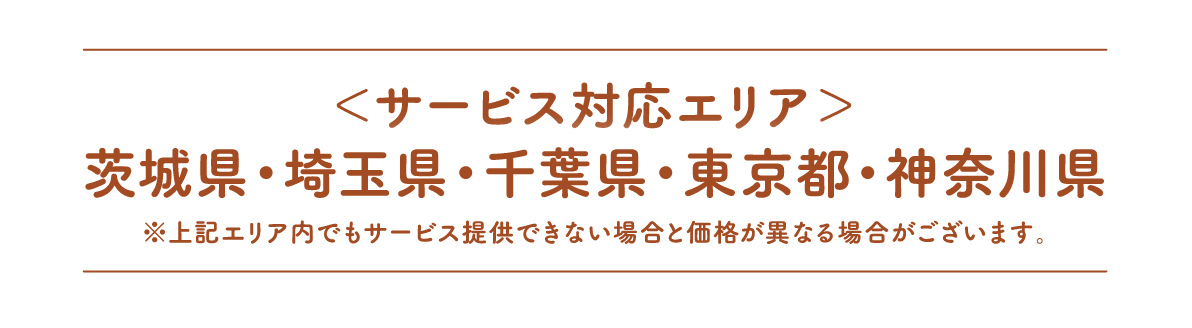 サービス対応エリア:茨城県・埼玉県・千葉県・東京都・神奈川県 ※上記エリア内でもサービス提供できない場合と価格が異なる場合がございます。