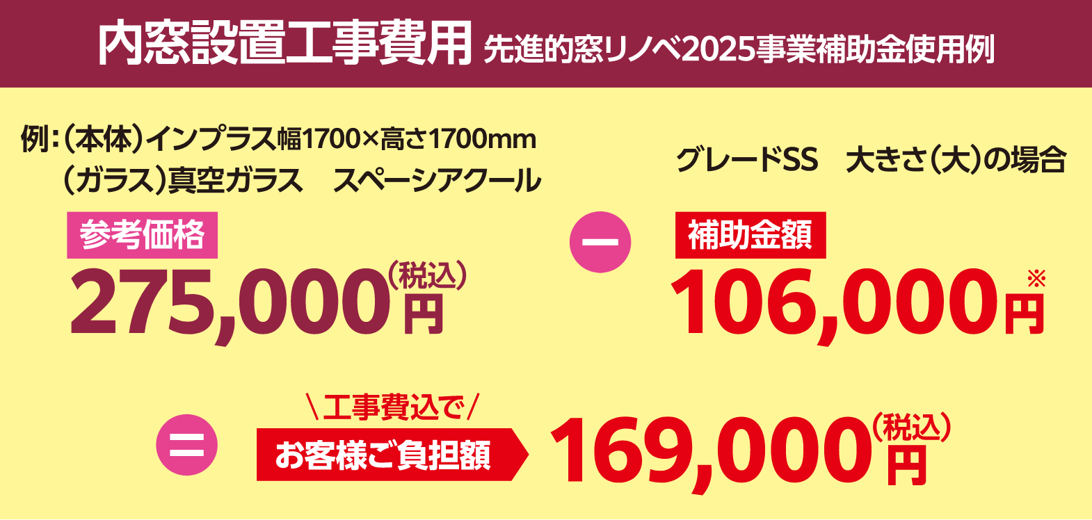 内窓設置工事費用 先進的窓リノベ2025事業補助金使用例 お客様ご負担額:169,000円(税込・工事費込)