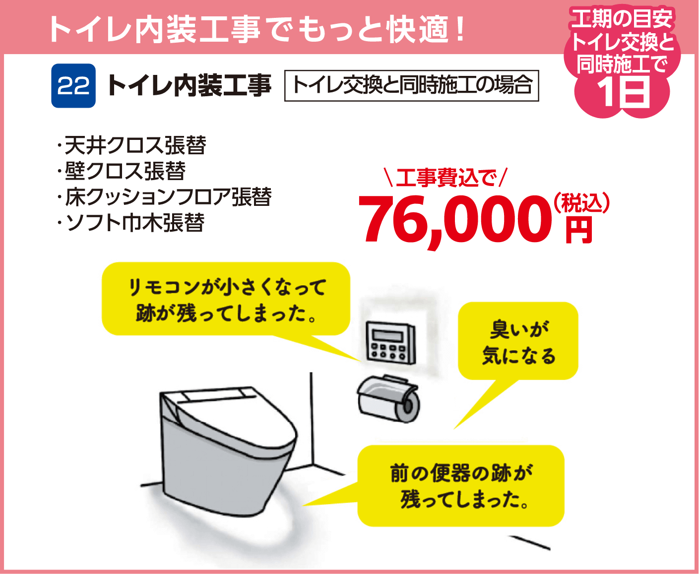 22 トイレ内装工事 工期の目安:トイレ交換と同時施工で1日 天井クロス張替・壁クロス張替・床クッションフロア張替・ソフト巾木張替 キャンペーン価格:76,000円(税込・工事費込)