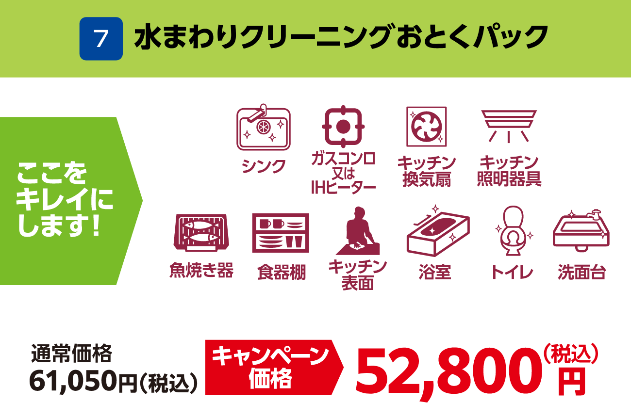 7 水まわりクリーニングおとくパック 通常価格:61,050円(税込)、キャンペーン価格:52,800円(税込)