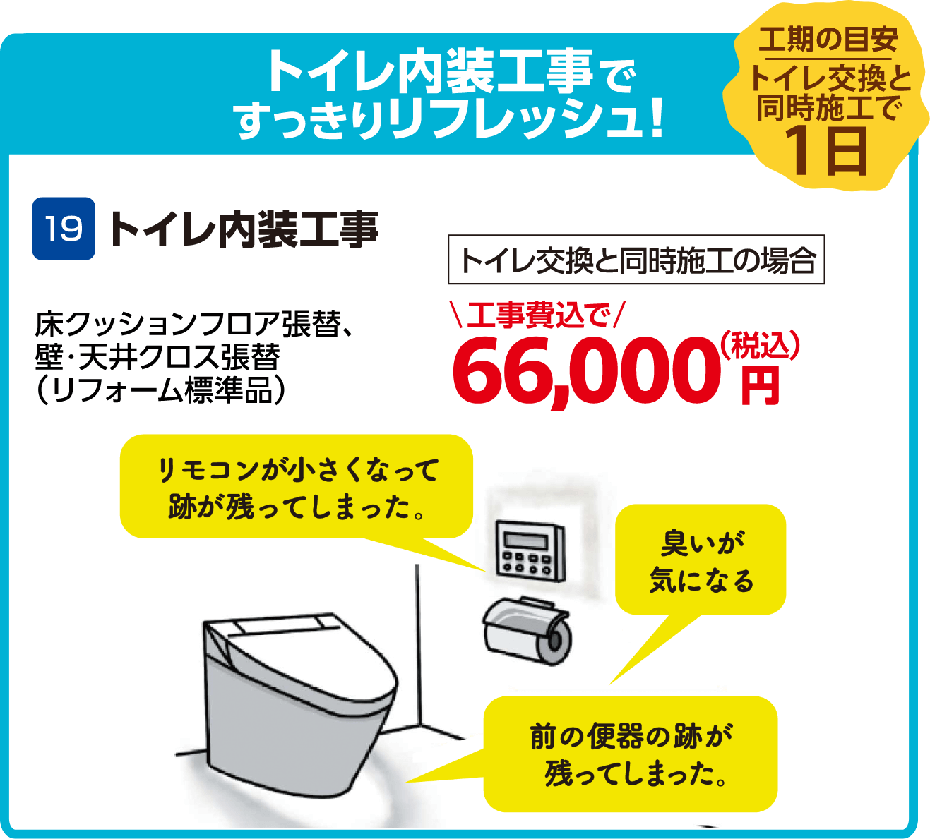19 トイレ内装工事 トイレ交換と同時施工の場合、工事費込で66,000円(税込) 工期の目安:トイレ交換と同時施工で1日