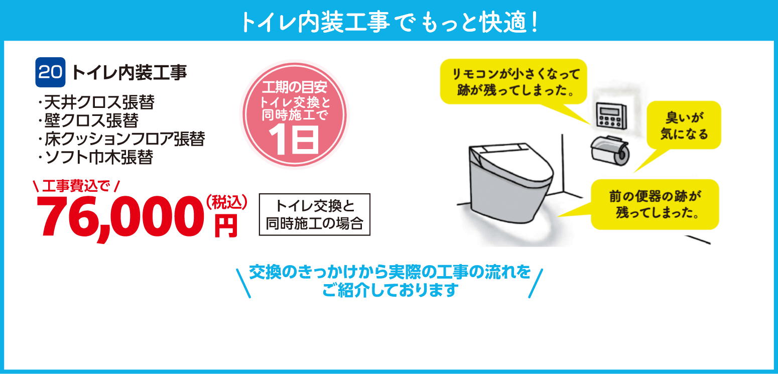 20 トイレ内装工事 76,000円（税込・工事費込） 工期の目安：トイレ交換と同時施工で1日