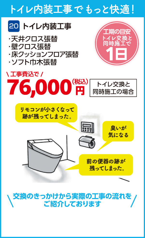 20 トイレ内装工事 76,000円（税込・工事費込） 工期の目安：トイレ交換と同時施工で1日