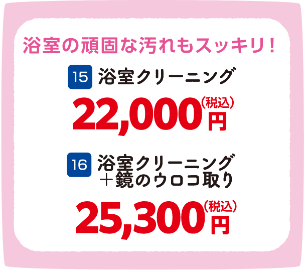 15 浴室クリーニング 22,000円（税込）、16 浴室クリーニング＋鏡のウロコ取り 25,300円（税込）