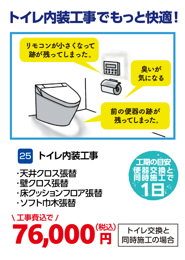 25 トイレ内装工事 天井クロス張替、壁クロス張替、床クッションフロア張替、ソフト巾木張替 トイレ交換と同時施工の場合:76,000円(税込・工事費込)