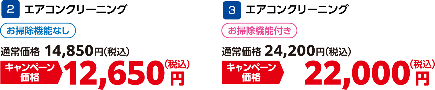 2 エアコンクリーニング お掃除機能なし 通常価格：14,850円（税込）・キャンペーン価格：12,650円（税込）、3 エアコンクリーニング お掃除機能付き 通常価格：24,200円（税込）・キャンペーン価格：22,000円（税込）