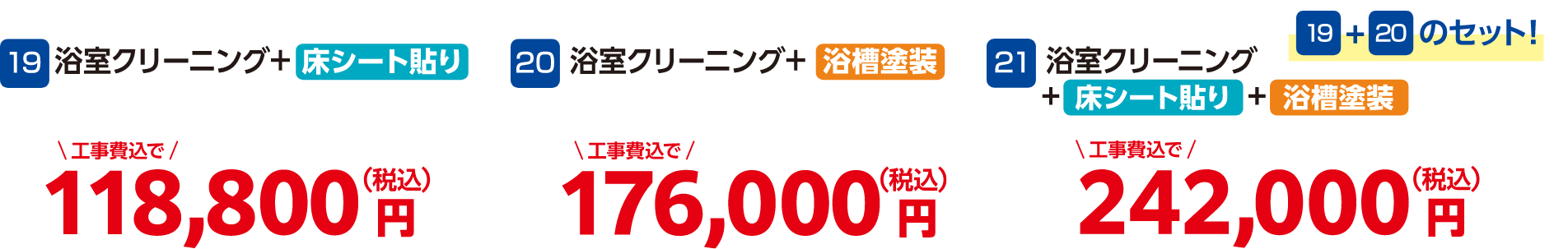 19 浴室クリーニング＋床シート貼り 118,800円（税込・工事費込）、20 浴室クリーニング＋浴槽塗装 176,000円（税込・工事込）、21 浴室クリーニング＋床シート貼り＋浴槽塗装 242,000円（税込・工事込）