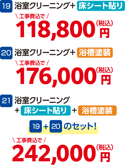 19 浴室クリーニング＋床シート貼り 118,800円（税込・工事費込）、20 浴室クリーニング＋浴槽塗装 176,000円（税込・工事込）、21 浴室クリーニング＋床シート貼り＋浴槽塗装 242,000円（税込・工事込）