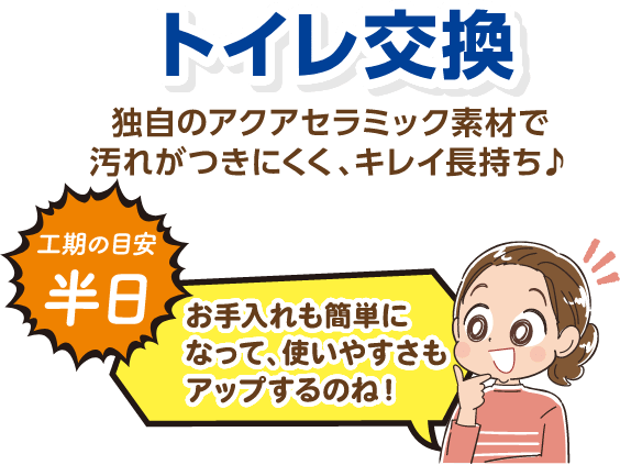 トイレ交換 独自のアクアセラミック素材で汚れがつきにくく、キレイ長持ち♪ 工期の目安：半日