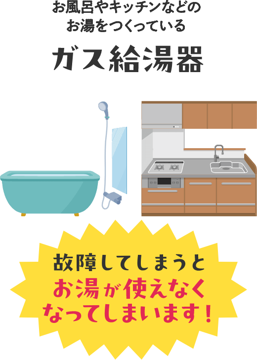 お風呂やキッチンなどのお湯をつくっているガス給湯器、故障してしまうとお湯が使えなくなってしまいます！