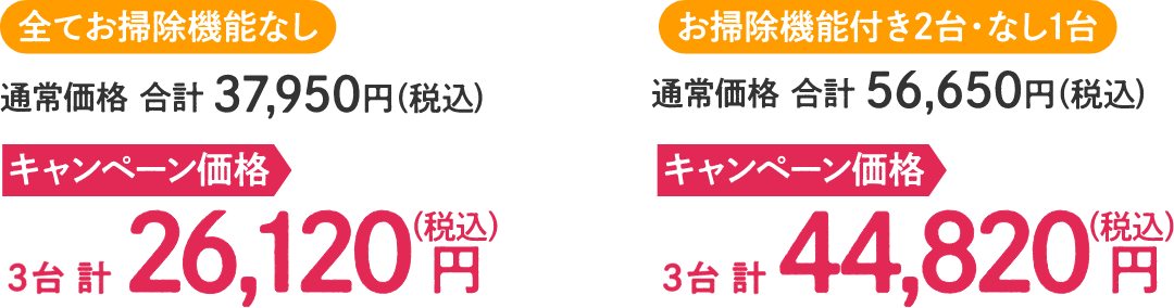 全てお掃除機能なし 通常価格：合計 37,950円（税込）、キャンペーン価格：3台 計 26,120円（税込）・お掃除機能付き2台/なし1台 通常価格：合計 56,650円（税込）、キャンペーン価格：3台 計 44,820円（税込）