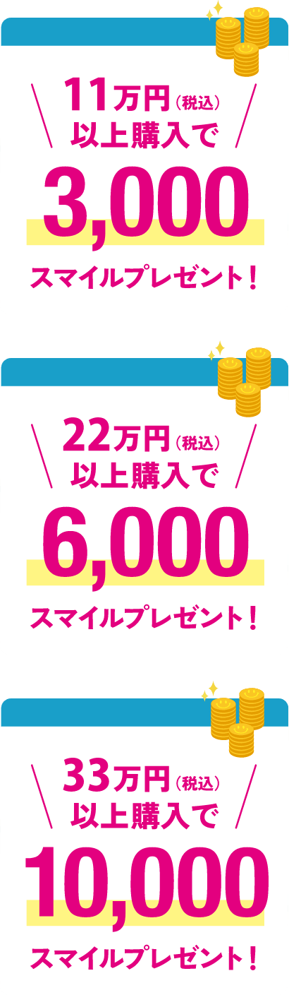 11万円（税込）以上購入で3,000スマイルプレゼント！22万円（税込）以上購入で6,000スマイルプレゼント！33万円（税込）以上購入で10,000スマイルプレゼント！