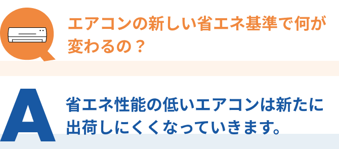 Q：エアコンの新しい省エネ基準で何が変わるの？、A：省エネ性能の低いエアコンは新たに出荷しにくくなっていきます。