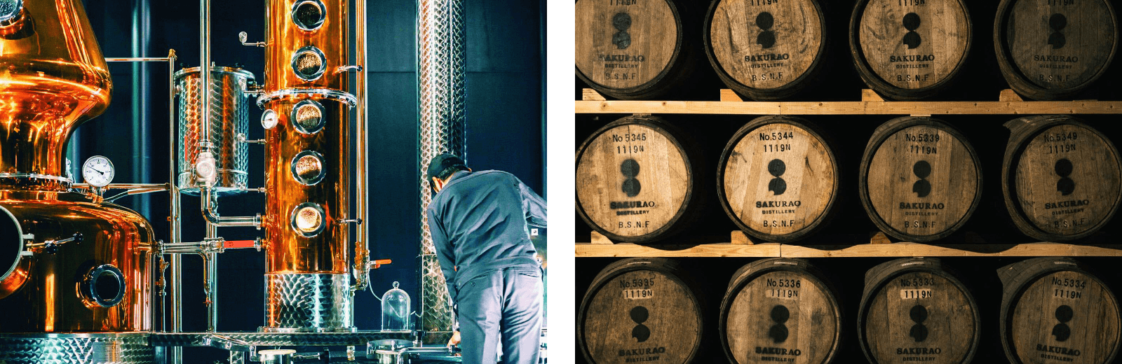 SAKURAO DISTILLERYの内観と並んだ木樽